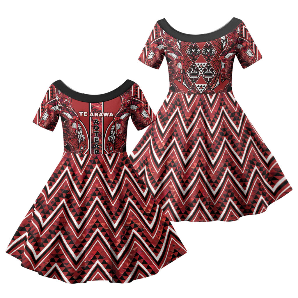 Aotearoa Te Arawa Family Matching Off The Shoulder Long Sleeve Dress and Hawaiian Shirt Maori Tribal Dark Red Paua Shell Pattern DT05 Daughter's Dress Red - Polynesian Pride