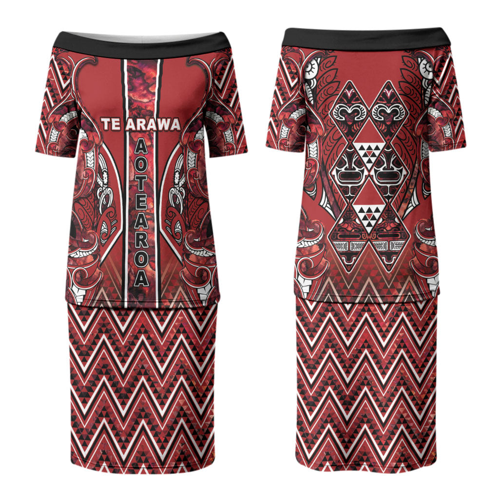 Aotearoa Te Arawa Family Matching Puletasi and Hawaiian Shirt Maori Tribal Dark Red Paua Shell Pattern DT05 Mom's Dress Red - Polynesian Pride