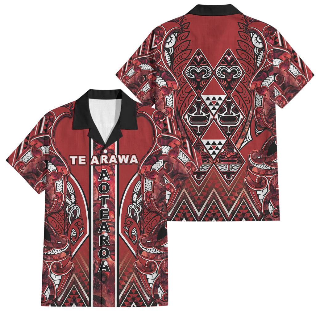 Aotearoa Te Arawa Family Matching Puletasi and Hawaiian Shirt Maori Tribal Dark Red Paua Shell Pattern DT05 Dad's Shirt - Short Sleeve Red - Polynesian Pride