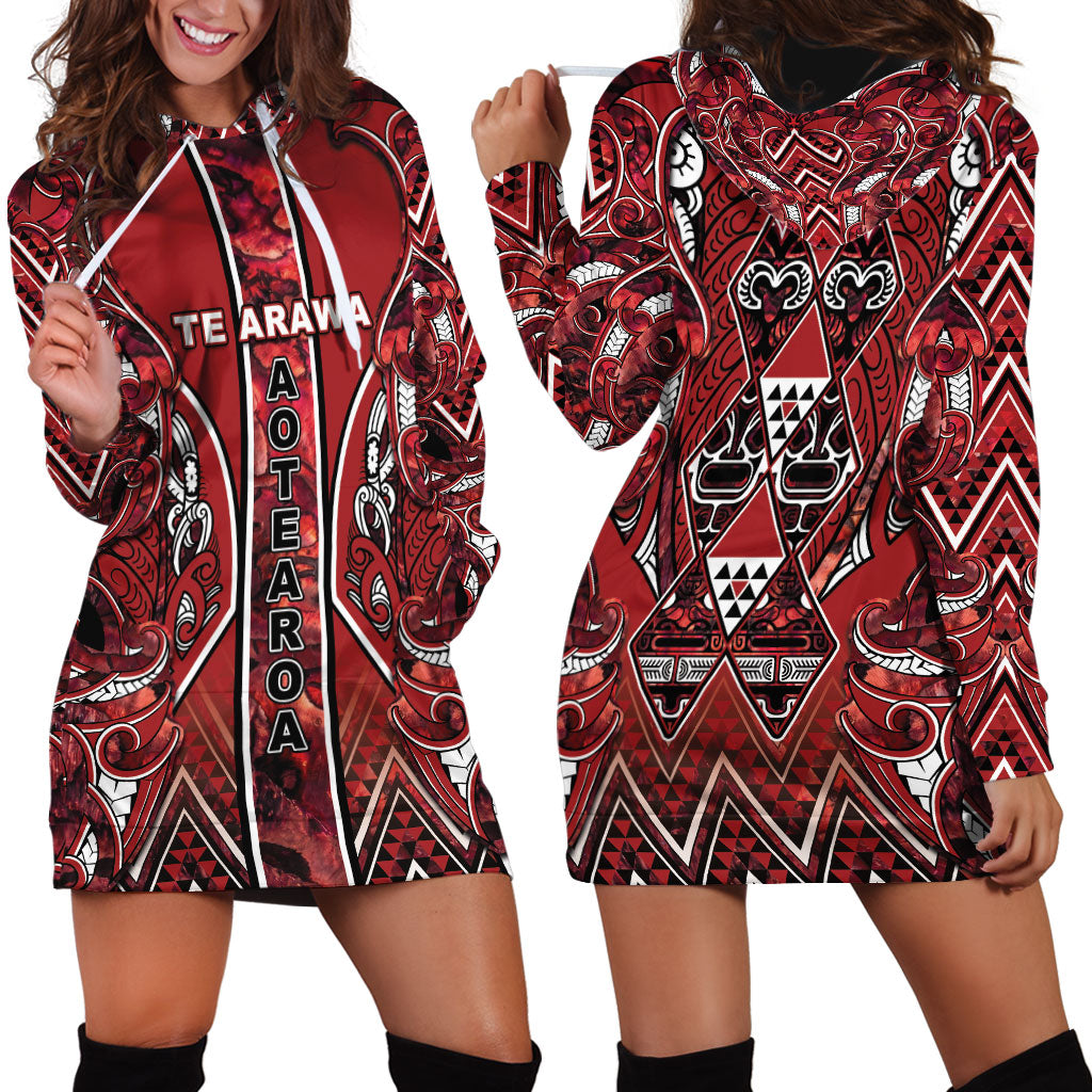Aotearoa Te Arawa Hoodie Dress Maori Tribal Dark Red Paua Shell Pattern DT05 - Polynesian Pride