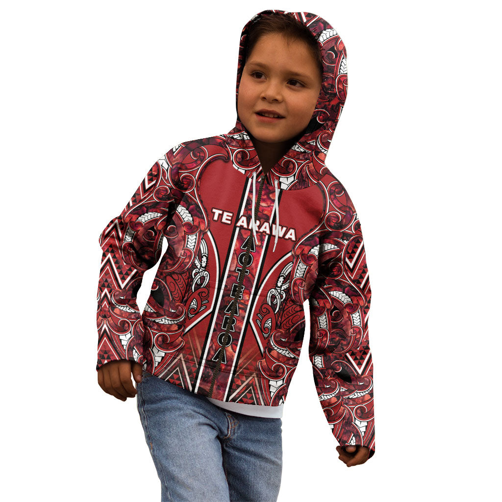 Aotearoa Te Arawa Kid Hoodie Maori Tribal Dark Red Paua Shell Pattern DT05 - Polynesian Pride