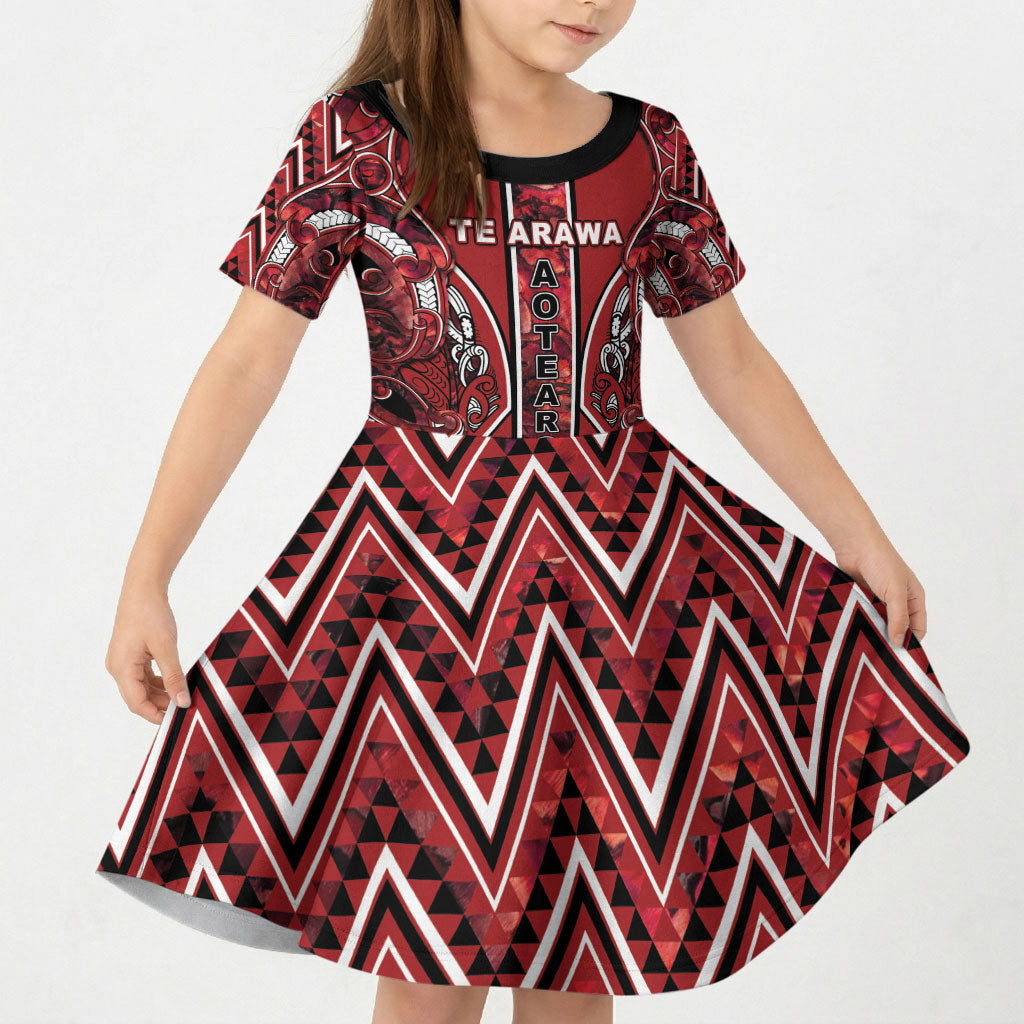 Aotearoa Te Arawa Kid Short Sleeve Dress Maori Tribal Dark Red Paua Shell Pattern DT05 KID Red - Polynesian Pride