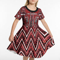 Aotearoa Te Arawa Kid Short Sleeve Dress Maori Tribal Dark Red Paua Shell Pattern DT05 - Polynesian Pride