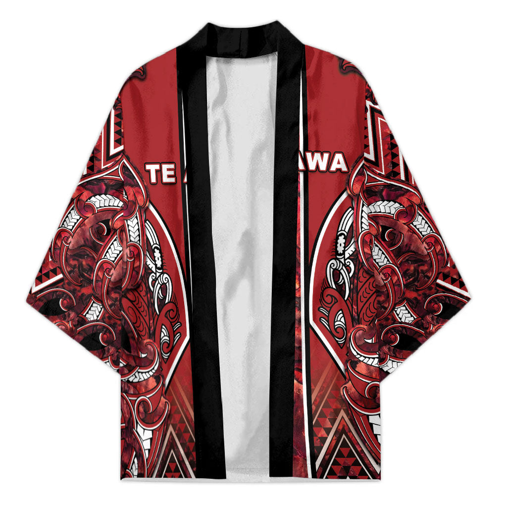 Aotearoa Te Arawa Kimono Maori Tribal Dark Red Paua Shell Pattern