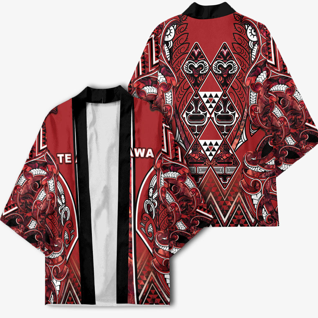 Aotearoa Te Arawa Kimono Maori Tribal Dark Red Paua Shell Pattern DT05 - Polynesian Pride