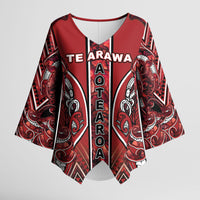 Aotearoa Te Arawa Kimono Sleeve Blouse Maori Tribal Dark Red Paua Shell Pattern DT05 Female Red - Polynesian Pride