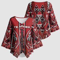 Aotearoa Te Arawa Kimono Sleeve Blouse Maori Tribal Dark Red Paua Shell Pattern DT05 - Polynesian Pride