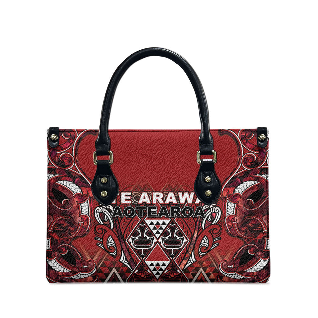 Aotearoa Te Arawa Leather Bag Maori Tribal Dark Red Paua Shell Pattern DT05 - Polynesian Pride