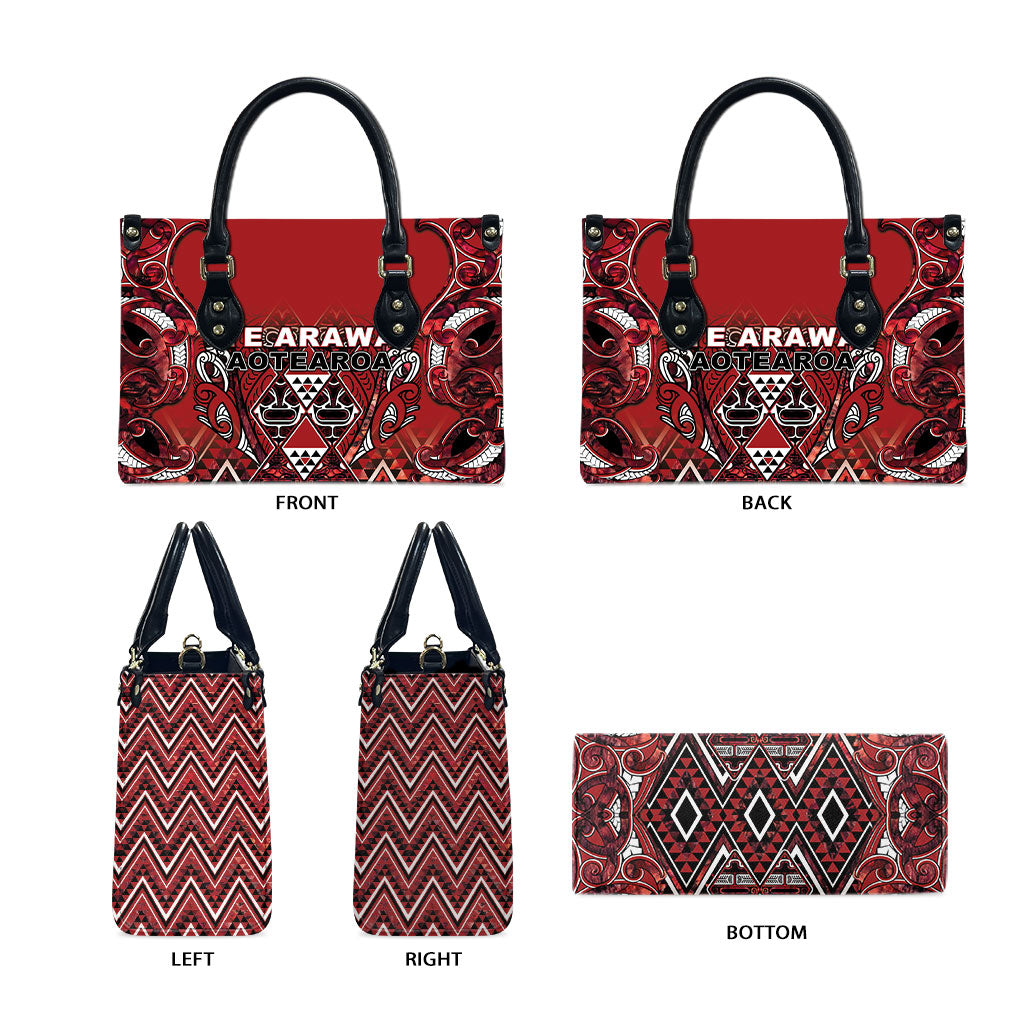 Aotearoa Te Arawa Leather Bag Maori Tribal Dark Red Paua Shell Pattern DT05 - Polynesian Pride