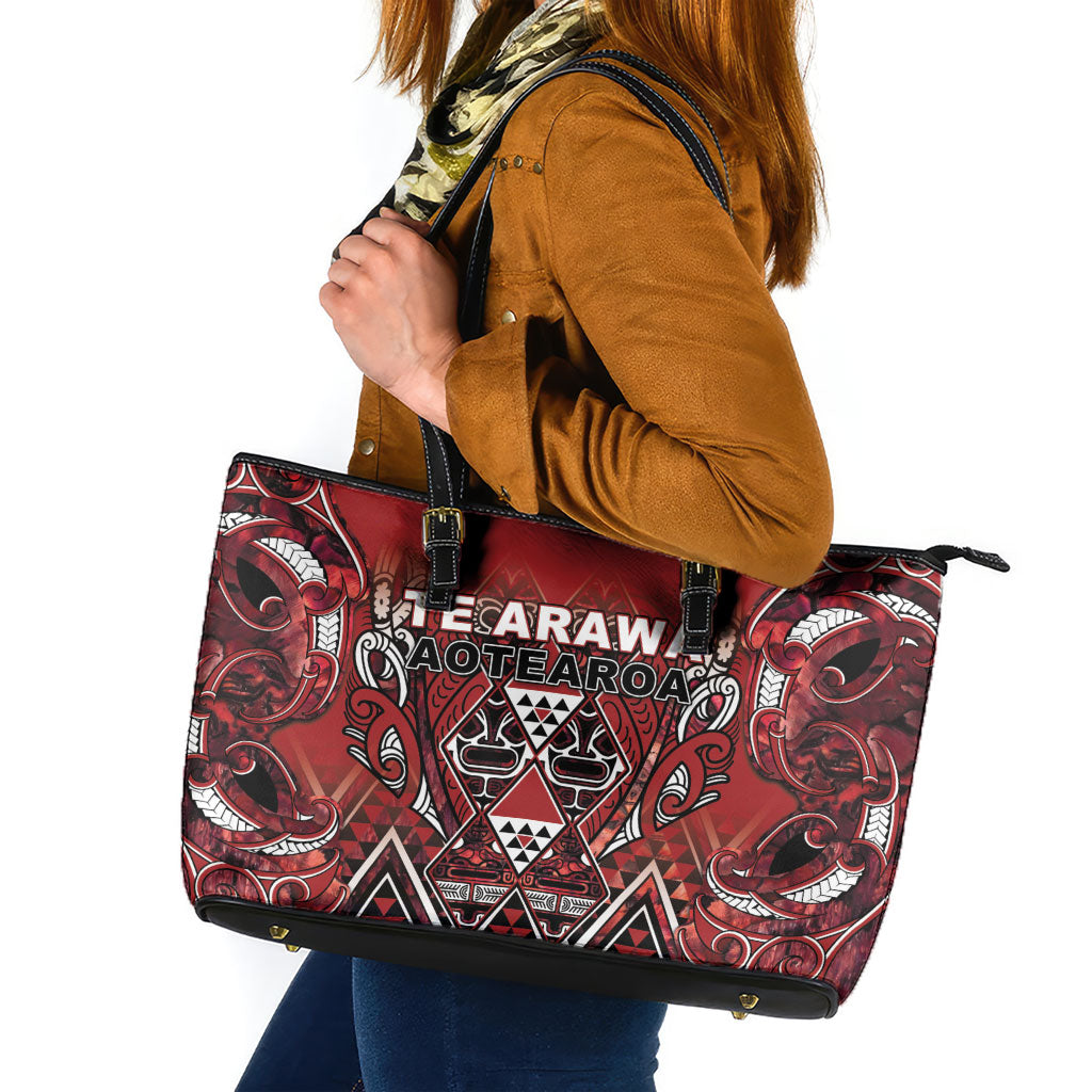Aotearoa Te Arawa Leather Tote Bag Maori Tribal Dark Red Paua Shell Pattern DT05 Red - Polynesian Pride