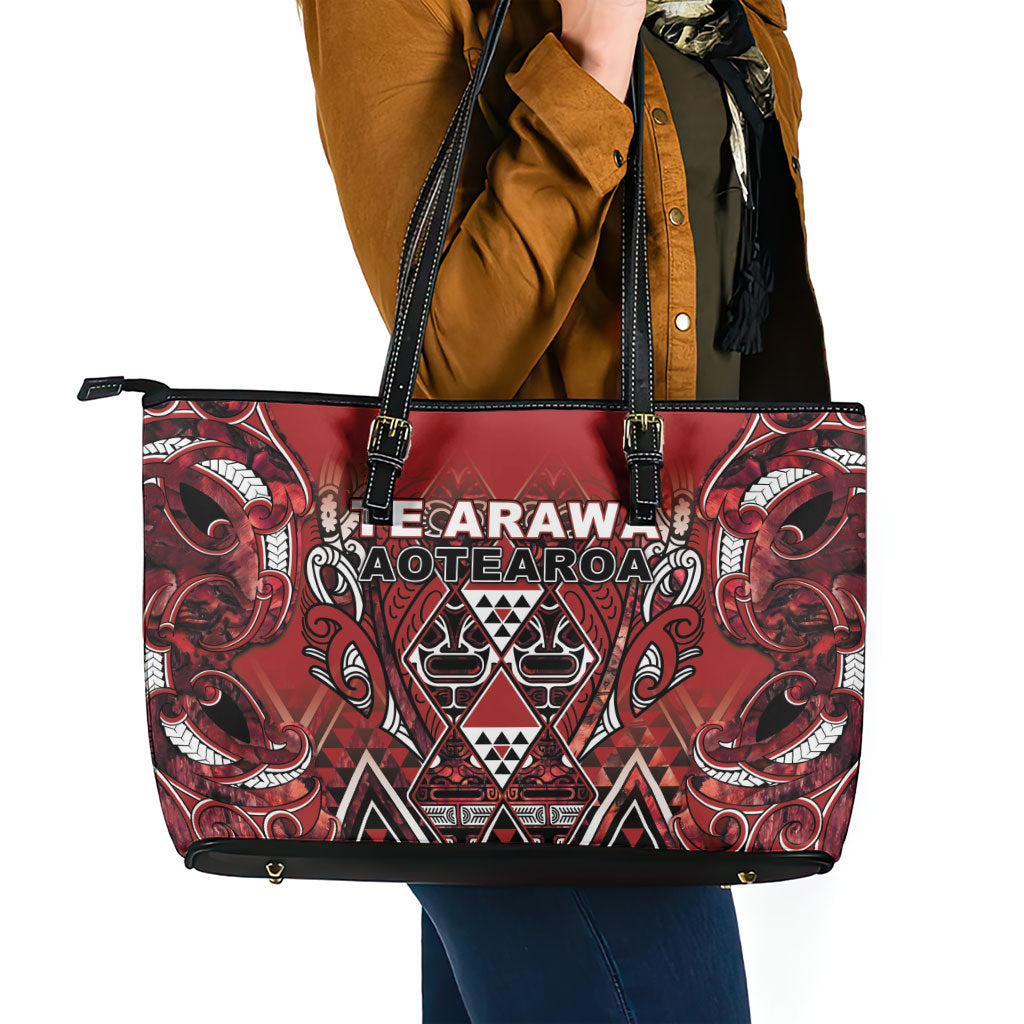 Aotearoa Te Arawa Leather Tote Bag Maori Tribal Dark Red Paua Shell Pattern DT05 - Polynesian Pride