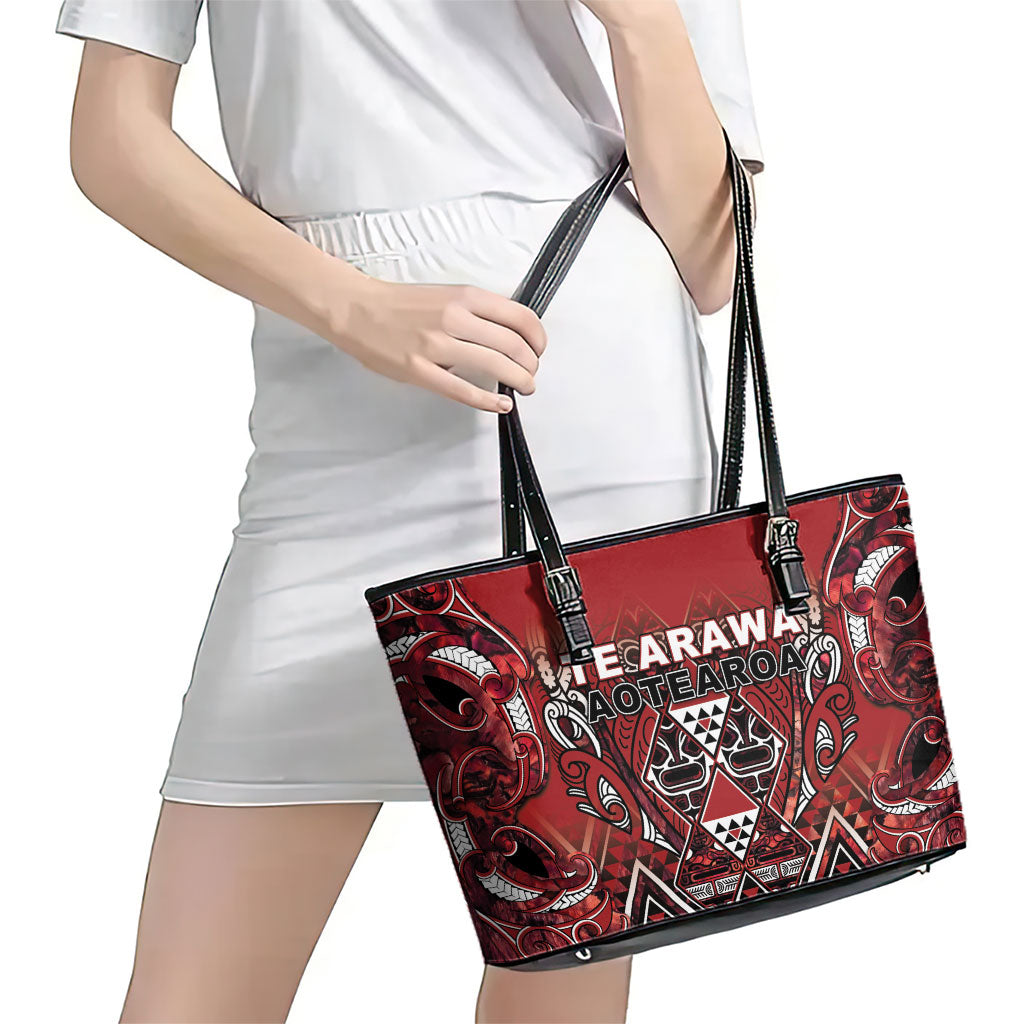 Aotearoa Te Arawa Leather Tote Bag Maori Tribal Dark Red Paua Shell Pattern DT05 - Polynesian Pride