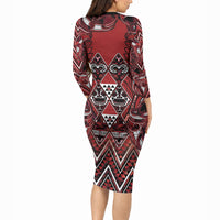 Aotearoa Te Arawa Long Sleeve Bodycon Dress Maori Tribal Dark Red Paua Shell Pattern DT05 - Polynesian Pride