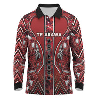 Aotearoa Te Arawa Long Sleeve Polo Shirt Maori Tribal Dark Red Paua Shell Pattern DT05 Red - Polynesian Pride