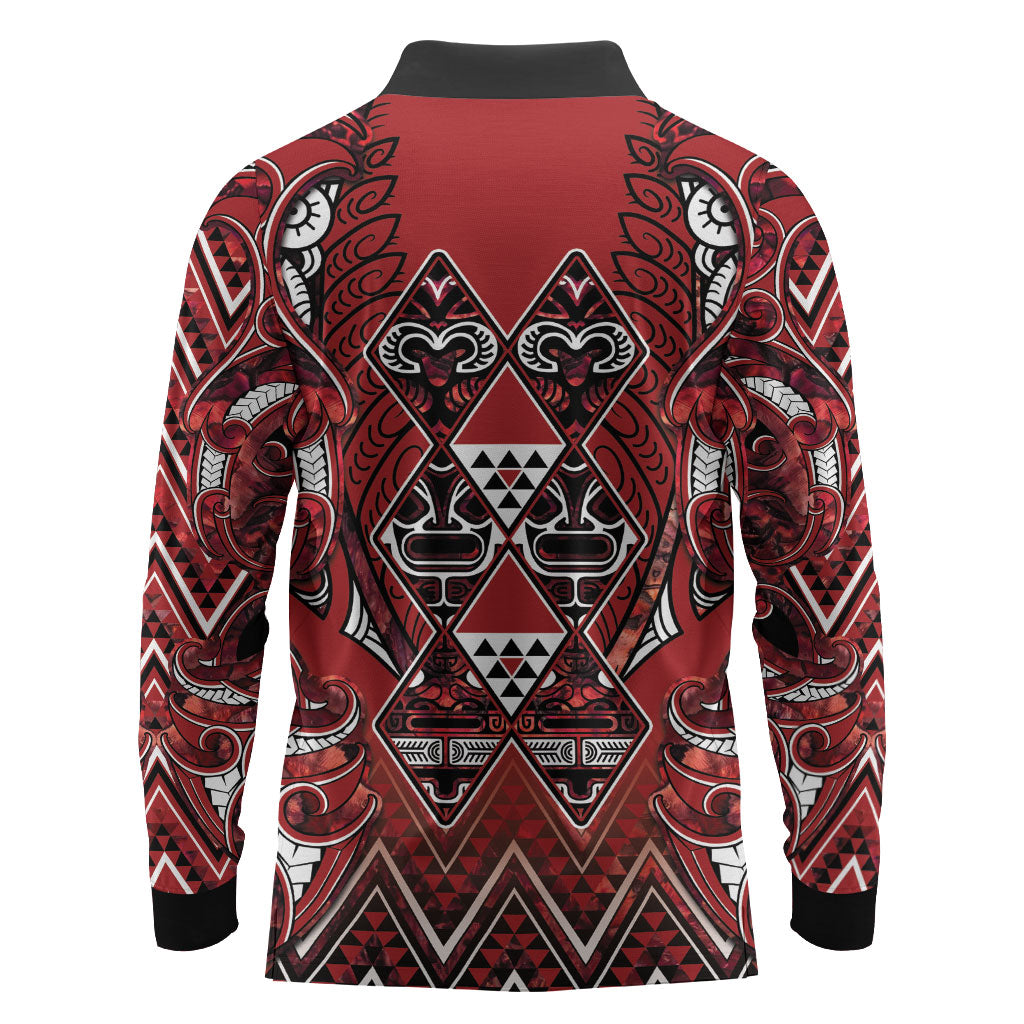 Aotearoa Te Arawa Long Sleeve Polo Shirt Maori Tribal Dark Red Paua Shell Pattern DT05 - Polynesian Pride