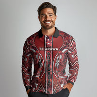 Aotearoa Te Arawa Long Sleeve Polo Shirt Maori Tribal Dark Red Paua Shell Pattern DT05 - Polynesian Pride