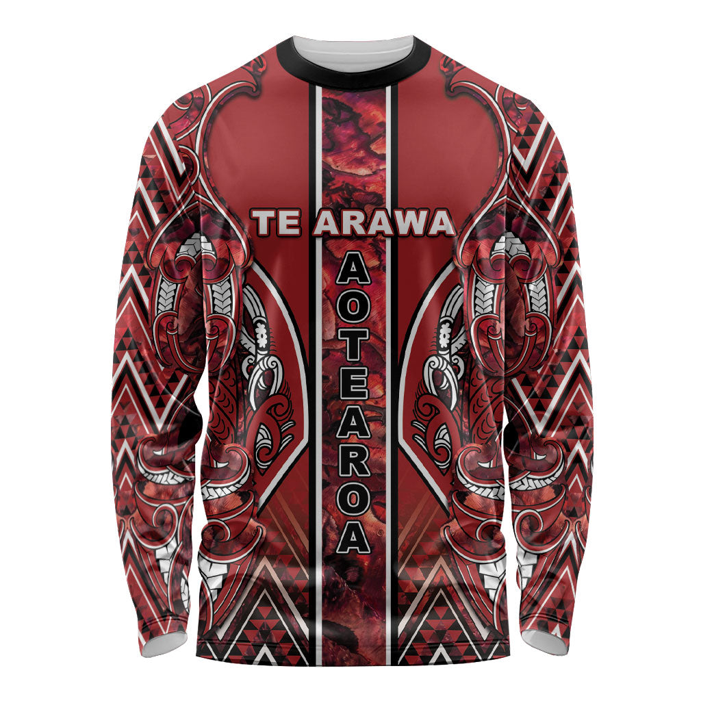 Aotearoa Te Arawa Long Sleeve Shirt Maori Tribal Dark Red Paua Shell Pattern DT05 Unisex Red - Polynesian Pride