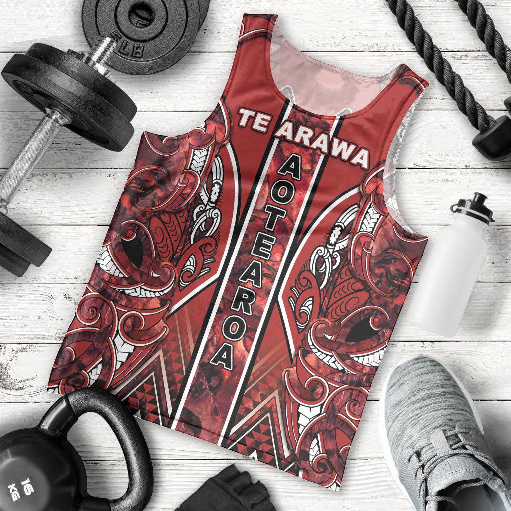 Aotearoa Te Arawa Men Tank Top Maori Tribal Dark Red Paua Shell Pattern DT05 - Polynesian Pride