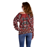Aotearoa Te Arawa Off Shoulder Sweater Maori Tribal Dark Red Paua Shell Pattern DT05 - Polynesian Pride