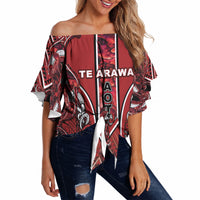 Aotearoa Te Arawa Off Shoulder Wrap Waist Top Maori Tribal Dark Red Paua Shell Pattern DT05 Red - Polynesian Pride