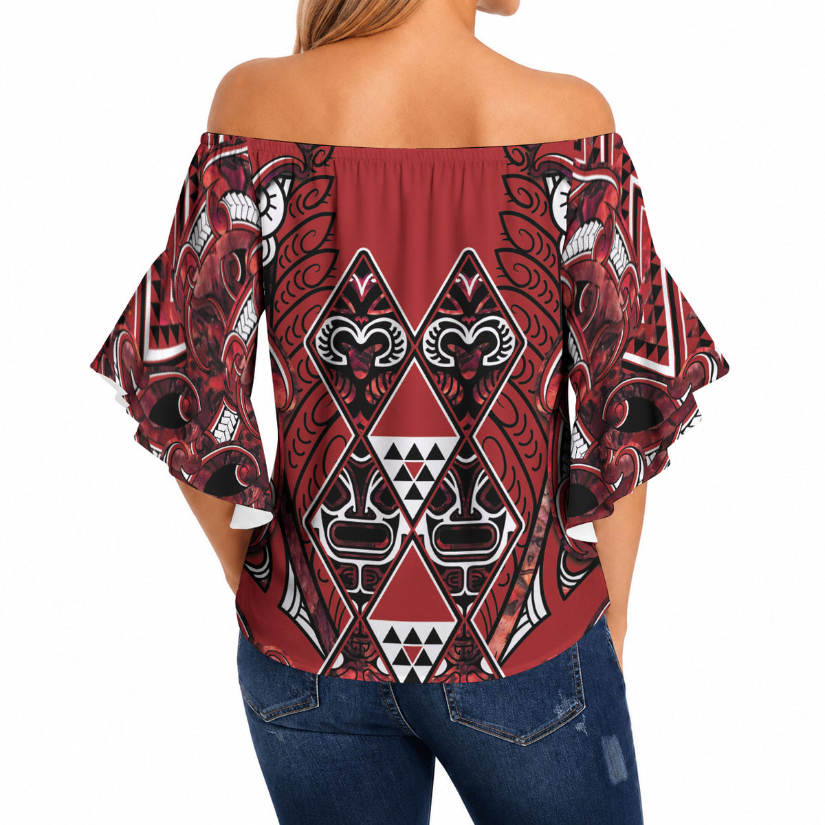 Aotearoa Te Arawa Off Shoulder Wrap Waist Top Maori Tribal Dark Red Paua Shell Pattern DT05 - Polynesian Pride