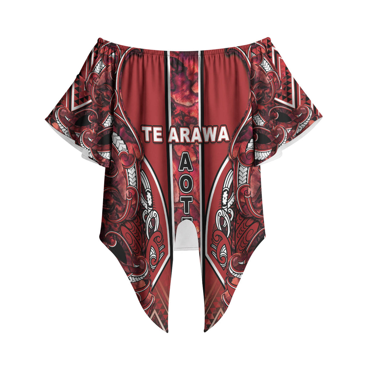 Aotearoa Te Arawa Off Shoulder Wrap Waist Top Maori Tribal Dark Red Paua Shell Pattern DT05 - Polynesian Pride