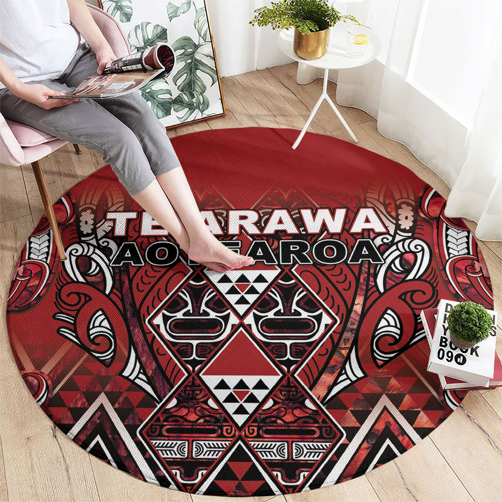 Aotearoa Te Arawa Round Carpet Maori Tribal Dark Red Paua Shell Pattern DT05 - Polynesian Pride
