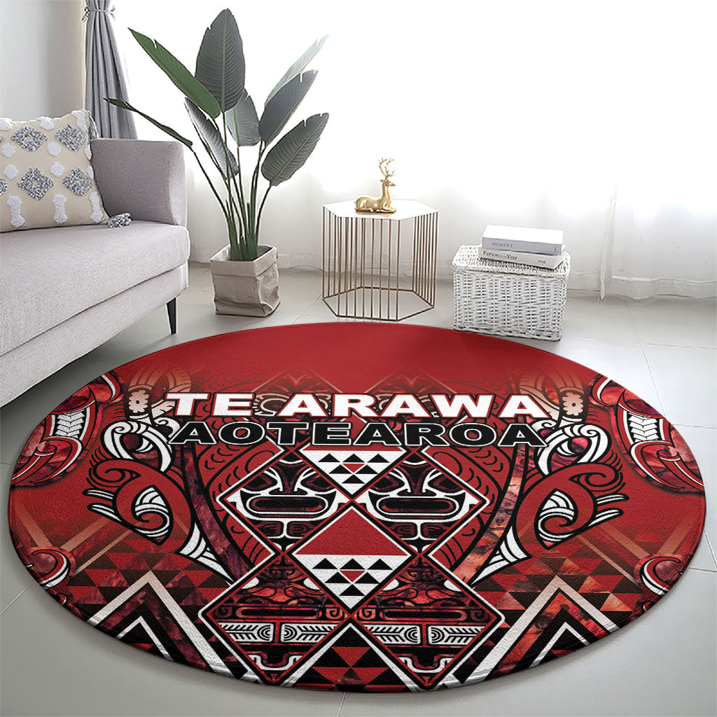 Aotearoa Te Arawa Round Carpet Maori Tribal Dark Red Paua Shell Pattern DT05 - Polynesian Pride