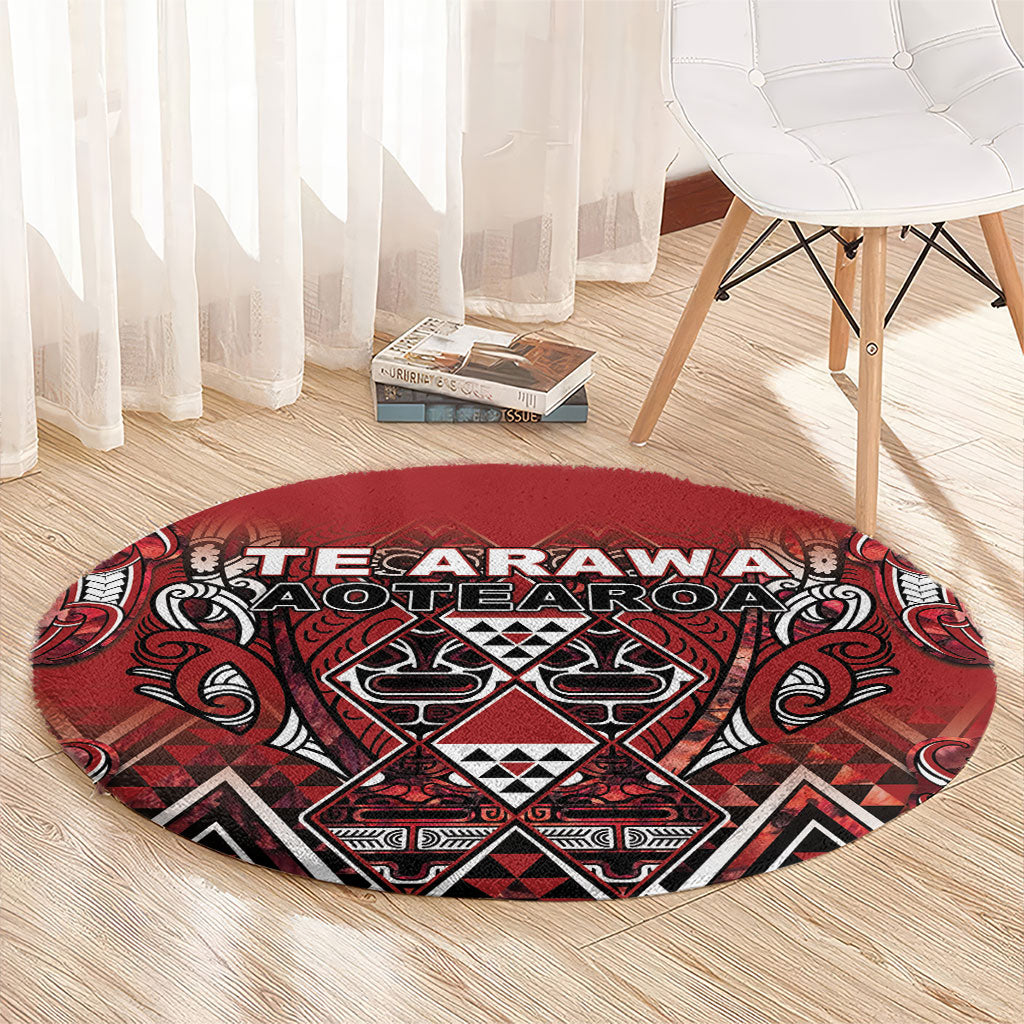 Aotearoa Te Arawa Round Carpet Maori Tribal Dark Red Paua Shell Pattern DT05 - Polynesian Pride