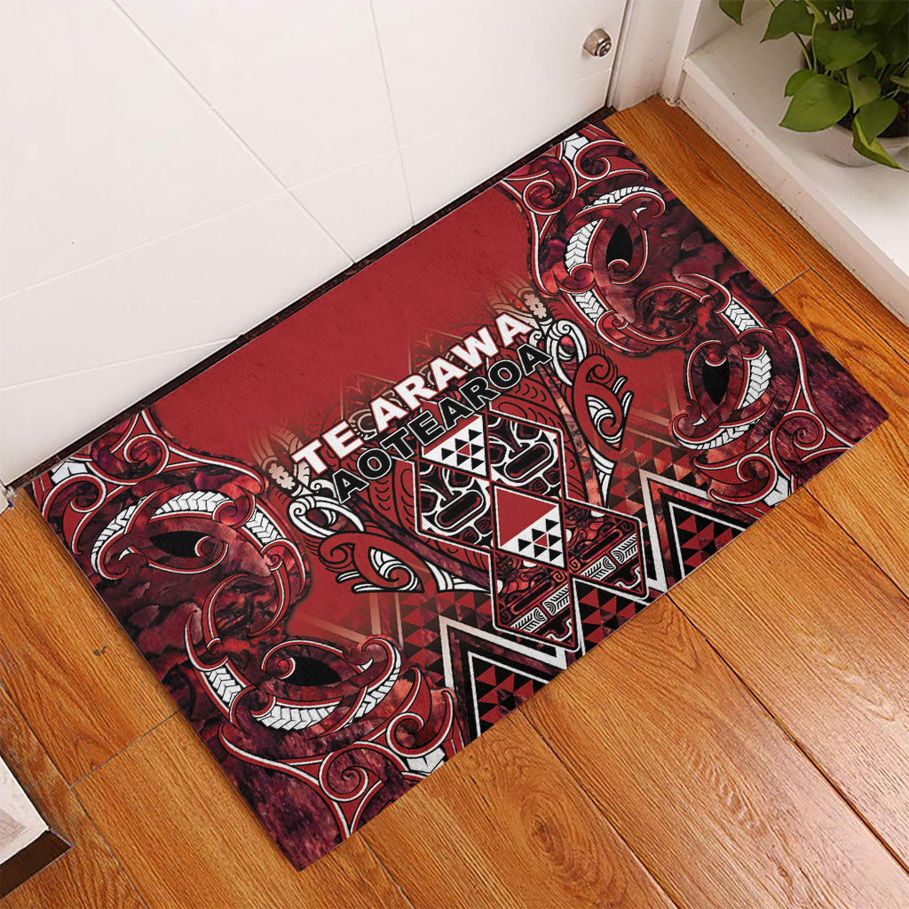 Aotearoa Te Arawa Rubber Doormat Maori Tribal Dark Red Paua Shell Pattern DT05 - Polynesian Pride