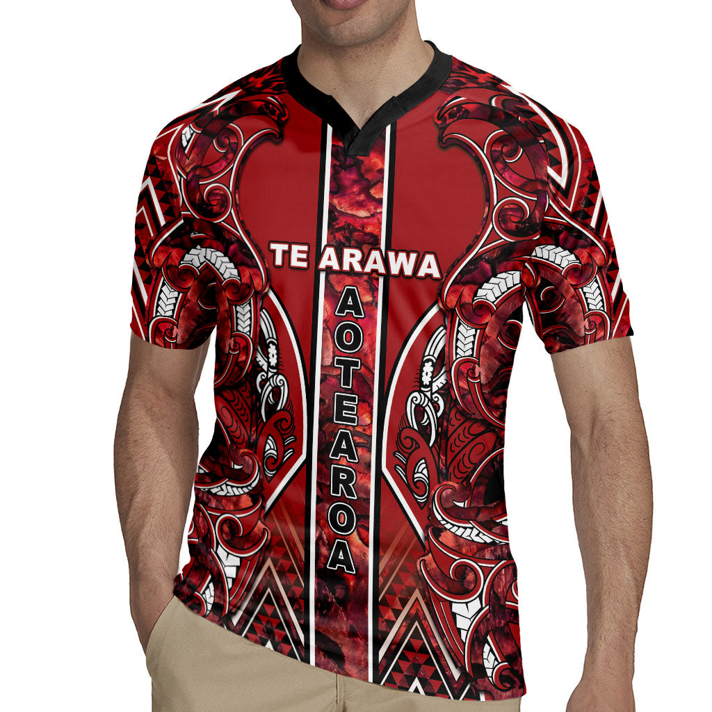 Aotearoa Te Arawa Rugby Jersey Maori Tribal Dark Red Paua Shell Pattern DT05 - Polynesian Pride