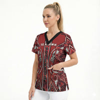 Aotearoa Te Arawa Scrub Top Maori Tribal Dark Red Paua Shell Pattern DT05 - Polynesian Pride