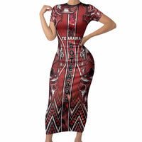 Aotearoa Te Arawa Short Sleeve Bodycon Dress Maori Tribal Dark Red Paua Shell Pattern DT05 Long Dress Red - Polynesian Pride