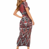 Aotearoa Te Arawa Short Sleeve Bodycon Dress Maori Tribal Dark Red Paua Shell Pattern DT05 - Polynesian Pride