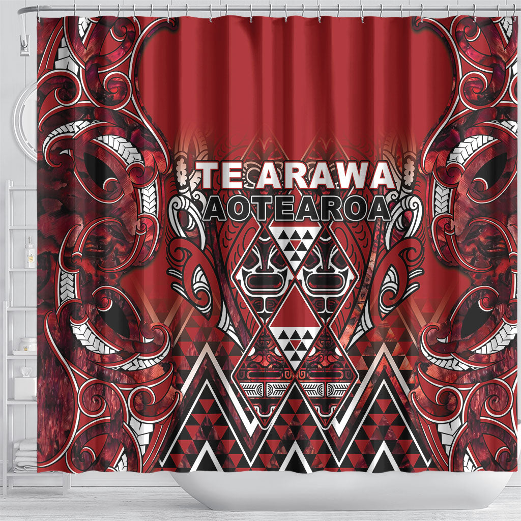 Aotearoa Te Arawa Shower Curtain Maori Tribal Dark Red Paua Shell Pattern DT05 - Polynesian Pride