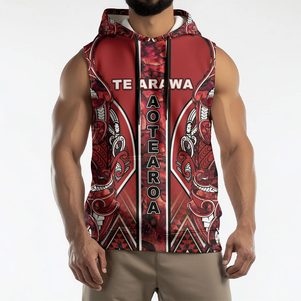 Aotearoa Te Arawa Sleeveless Hoodie Maori Tribal Dark Red Paua Shell Pattern DT05 - Polynesian Pride