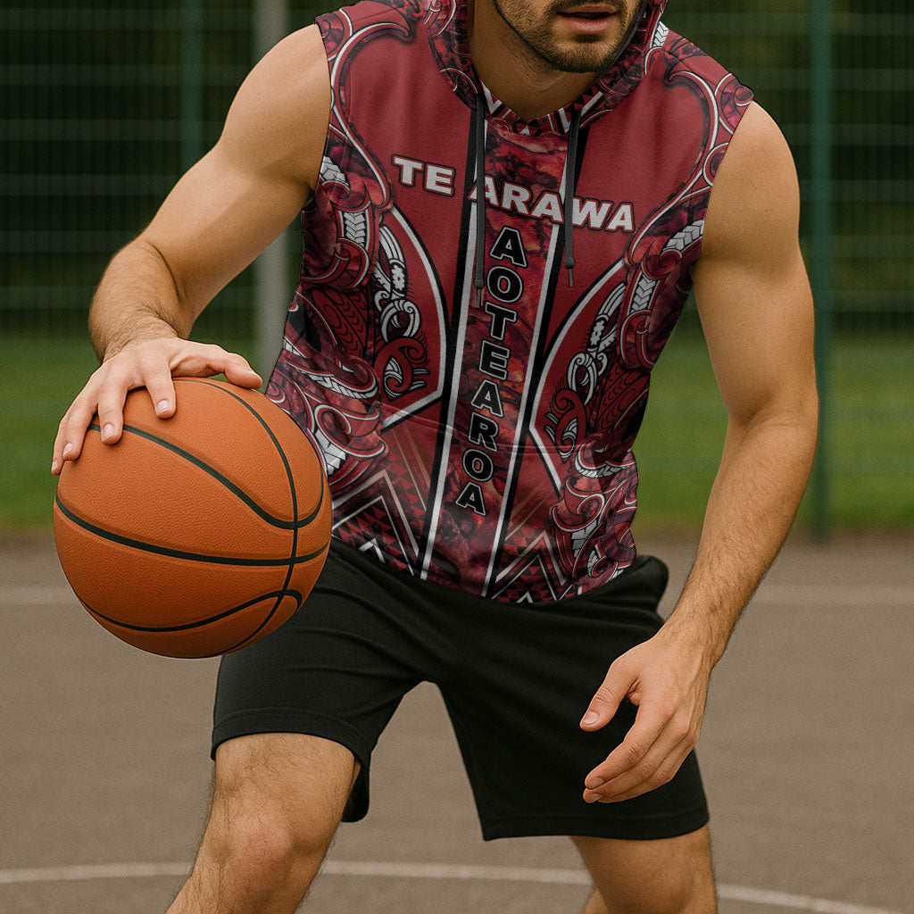 Aotearoa Te Arawa Sleeveless Hoodie Maori Tribal Dark Red Paua Shell Pattern DT05 - Polynesian Pride