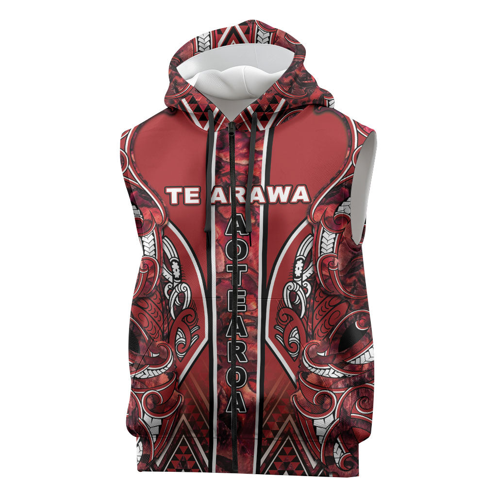 Aotearoa Te Arawa Sleeveless Zip Hoodie Maori Tribal Dark Red Paua Shell Pattern DT05 Red - Polynesian Pride