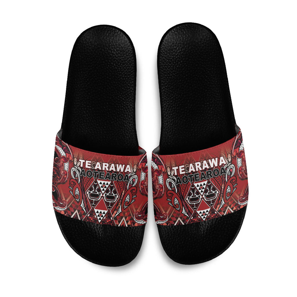 Aotearoa Te Arawa Slide Sandals Maori Tribal Dark Red Paua Shell Pattern DT05 Red - Polynesian Pride