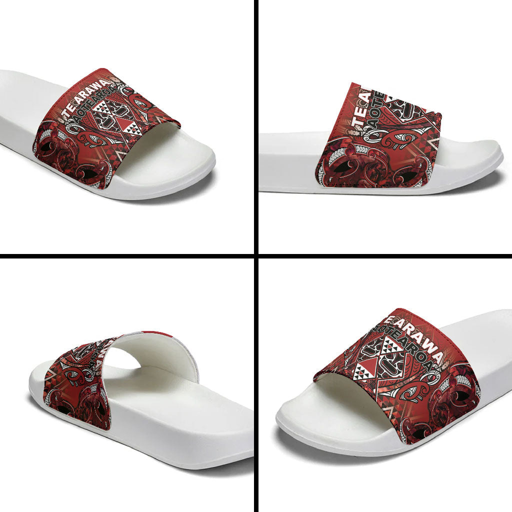 Aotearoa Te Arawa Slide Sandals Maori Tribal Dark Red Paua Shell Pattern DT05 - Polynesian Pride