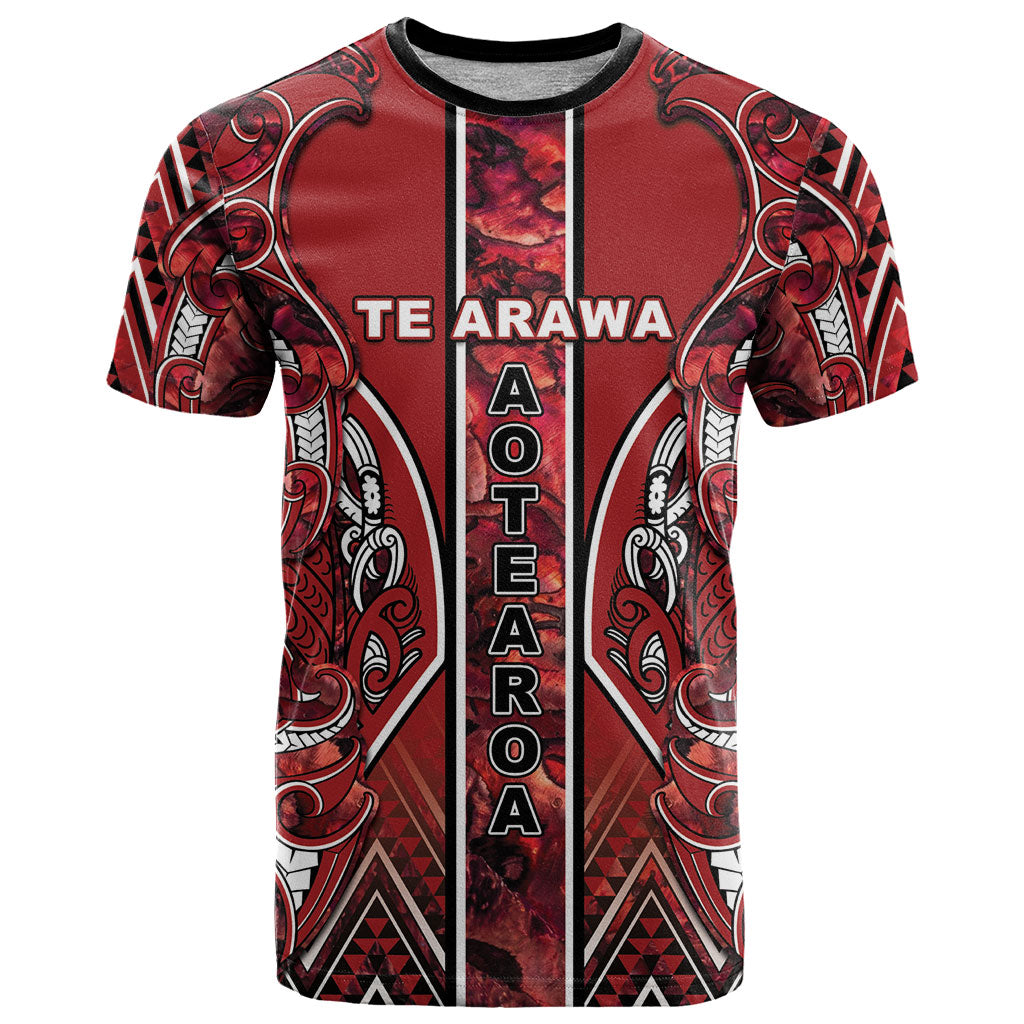 Aotearoa Te Arawa T Shirt Maori Tribal Dark Red Paua Shell Pattern DT05 Red - Polynesian Pride