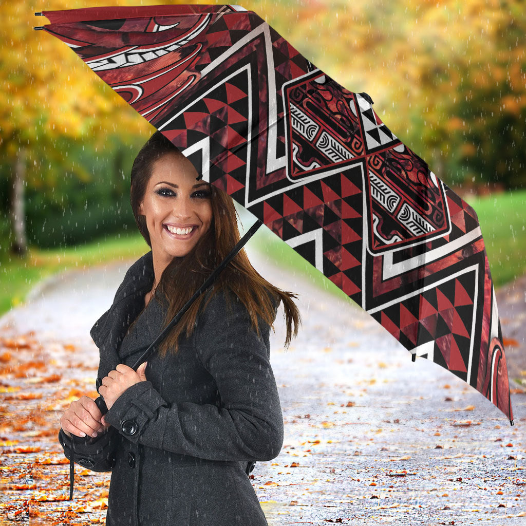 Aotearoa Te Arawa Umbrella Maori Tribal Dark Red Paua Shell Pattern DT05 - Polynesian Pride