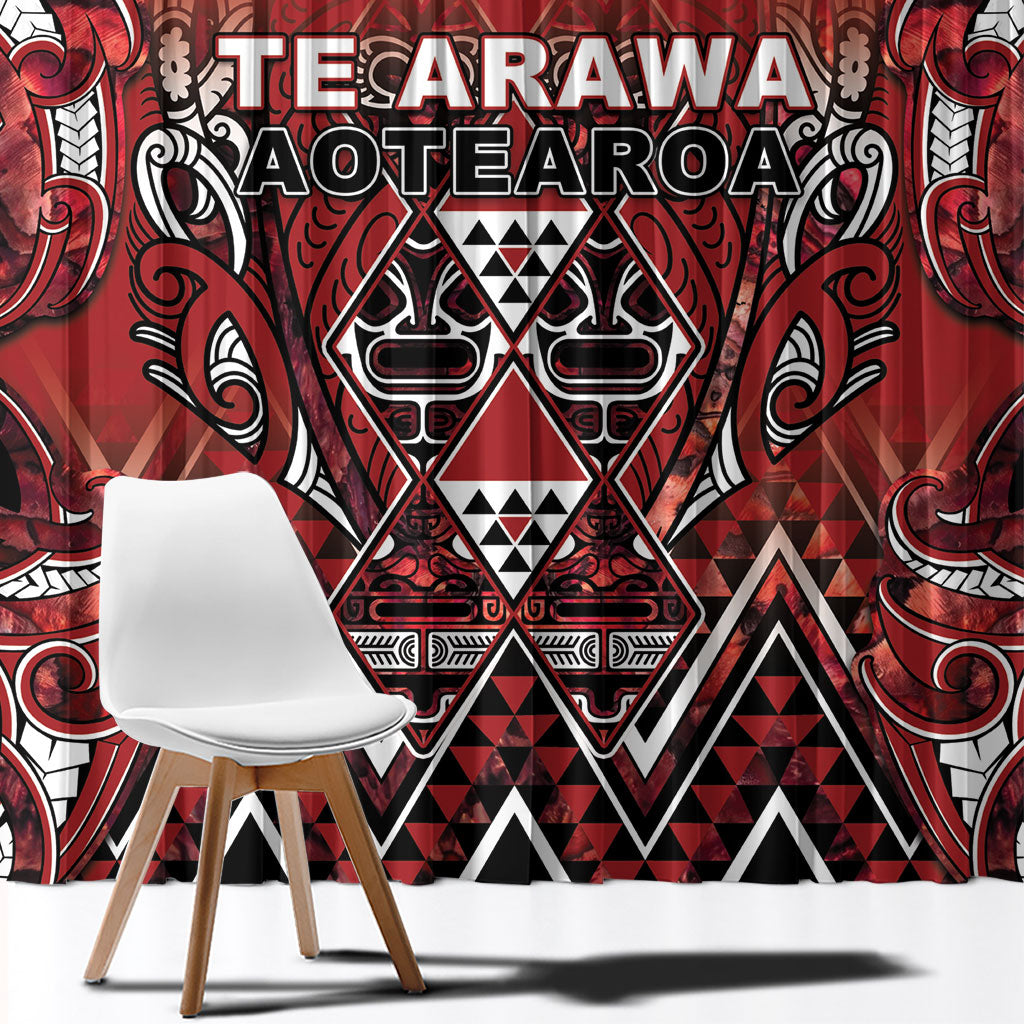 Aotearoa Te Arawa Window Curtain Maori Tribal Dark Red Paua Shell Pattern DT05 - Polynesian Pride