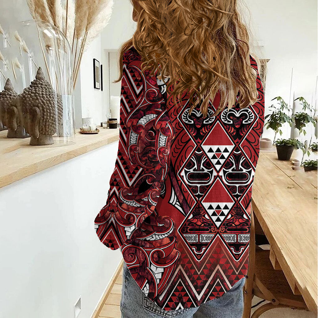 Aotearoa Te Arawa Women Casual Shirt Maori Tribal Dark Red Paua Shell Pattern DT05 - Polynesian Pride