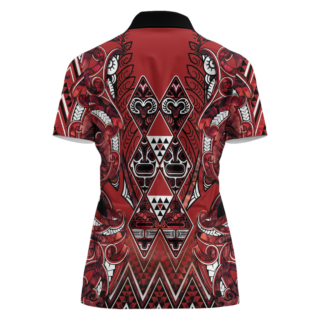 Aotearoa Te Arawa Women Polo Shirt Maori Tribal Dark Red Paua Shell Pattern DT05 - Polynesian Pride
