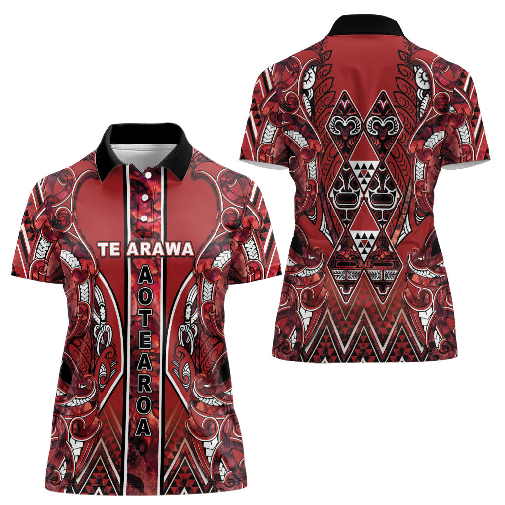 Aotearoa Te Arawa Women Polo Shirt Maori Tribal Dark Red Paua Shell Pattern DT05 - Polynesian Pride