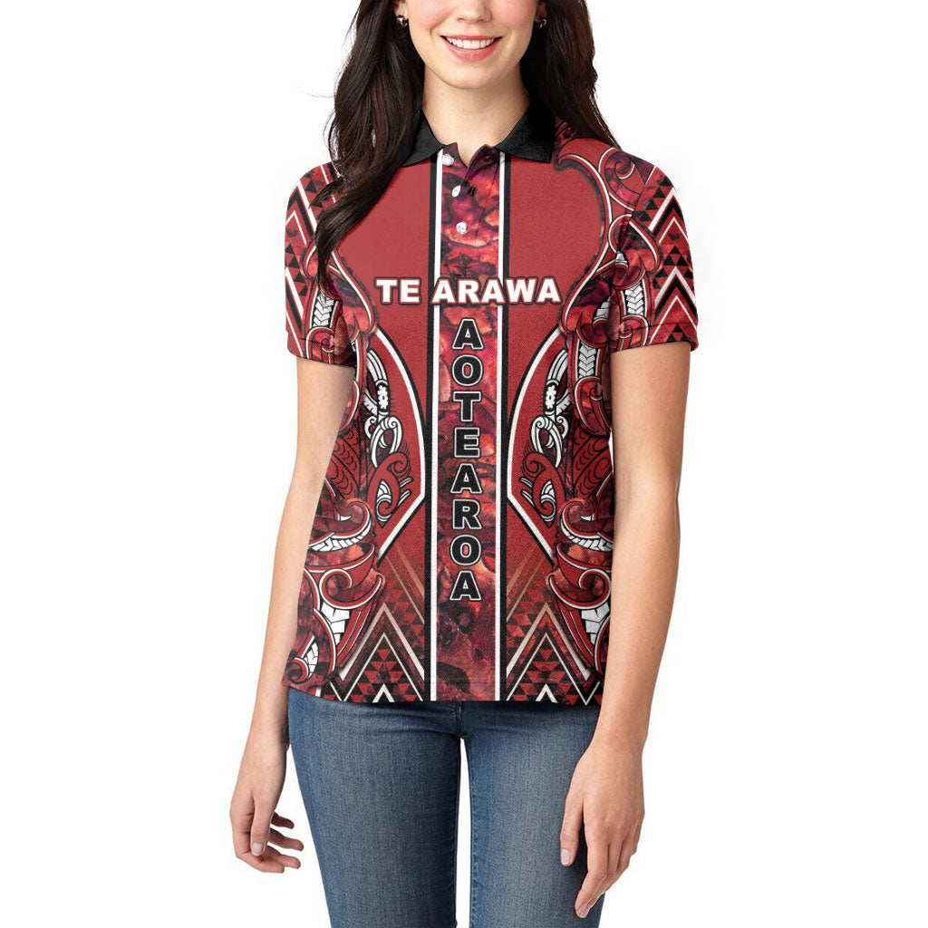Aotearoa Te Arawa Women Polo Shirt Maori Tribal Dark Red Paua Shell Pattern DT05 - Polynesian Pride