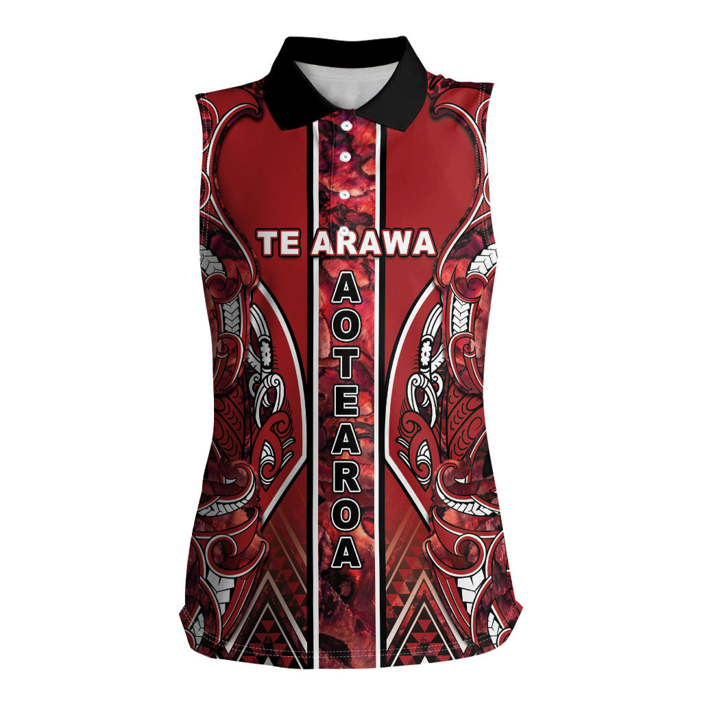Aotearoa Te Arawa Women Sleeveless Polo Shirt Maori Tribal Dark Red Paua Shell Pattern DT05 Female Red - Polynesian Pride