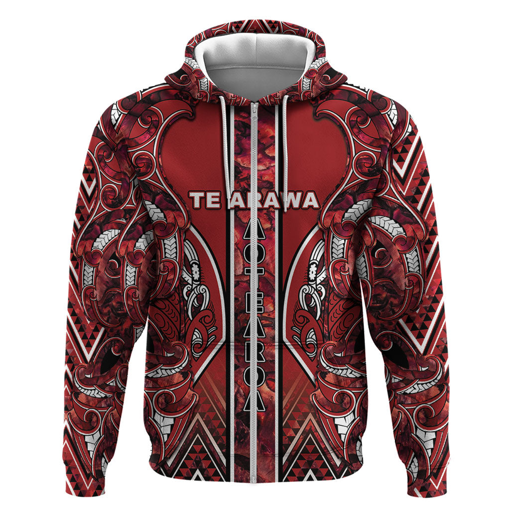 Aotearoa Te Arawa Zip Hoodie Maori Tribal Dark Red Paua Shell Pattern DT05 Zip Hoodie Red - Polynesian Pride