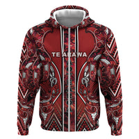 Aotearoa Te Arawa Zip Hoodie Maori Tribal Dark Red Paua Shell Pattern DT05 Zip Hoodie Red - Polynesian Pride